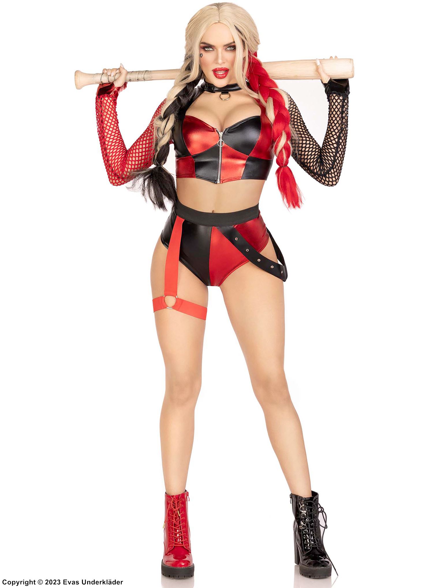 Harley Quinn, maskeraddräkt med topp och shorts, dragkedja på framsidan, långa ärmar och nätinlägg